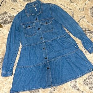 Free People Nicole Babydoll Boho Denim long Sleeve Tiered mini Dress